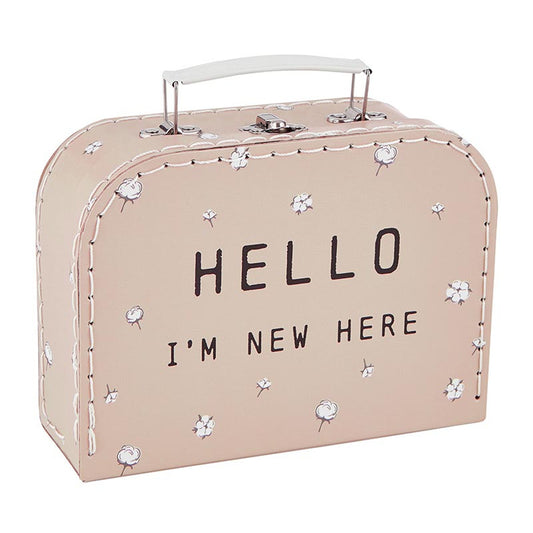 Hello I'm New Here Suitcase Set - Stitched border design with small white flowers, "HELLO I'M NEW HERE" printed on front. Available sizes: Small, Medium, Large.