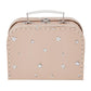 Small beige vintage-style suitcase set with white handle and clasp. Features tiny white flowers with silver centers and white stitching along edges. Ideal for storing a charming gift set or delicate items. Available in small size only.