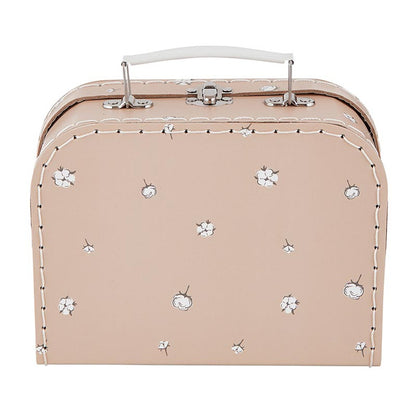 Small beige vintage-style suitcase set with white handle and clasp. Features tiny white flowers with silver centers and white stitching along edges. Ideal for storing a charming gift set or delicate items. Available in small size only.