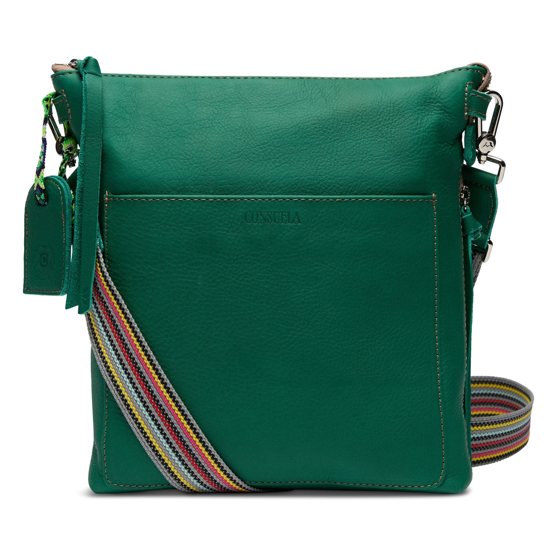 Teal green leather crossbody with front pocket, Consuela branding, striped adjustable strap, and matching tag. Sizes: S, M, L.