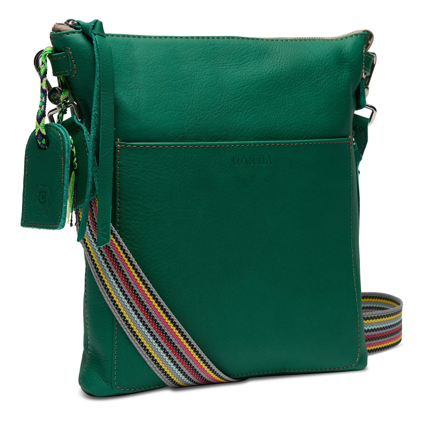 Teal leather crossbody with front pocket, striped adjustable strap, green tag, and "Consuela" embossed. Sizes: S, M, L.