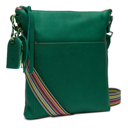 Teal leather crossbody with front pocket, striped adjustable strap, green tag, and "Consuela" embossed. Sizes: S, M, L.