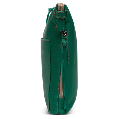 Tour Crossbody in teal leather with visible stitching, zipper pocket, and adjustable strap. Sizes: small, medium, large.