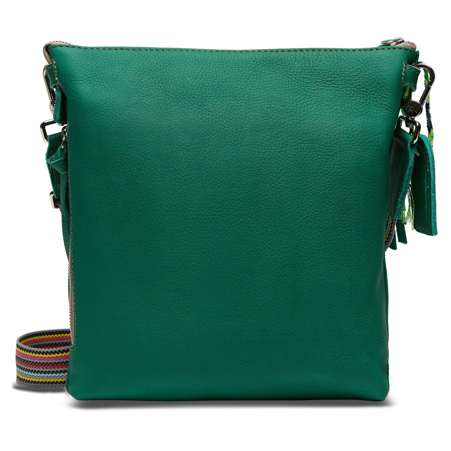 Teal Tour Crossbody with pebbled leather, multicolored striped strap, silver hardware. Sizes: small, medium, large.