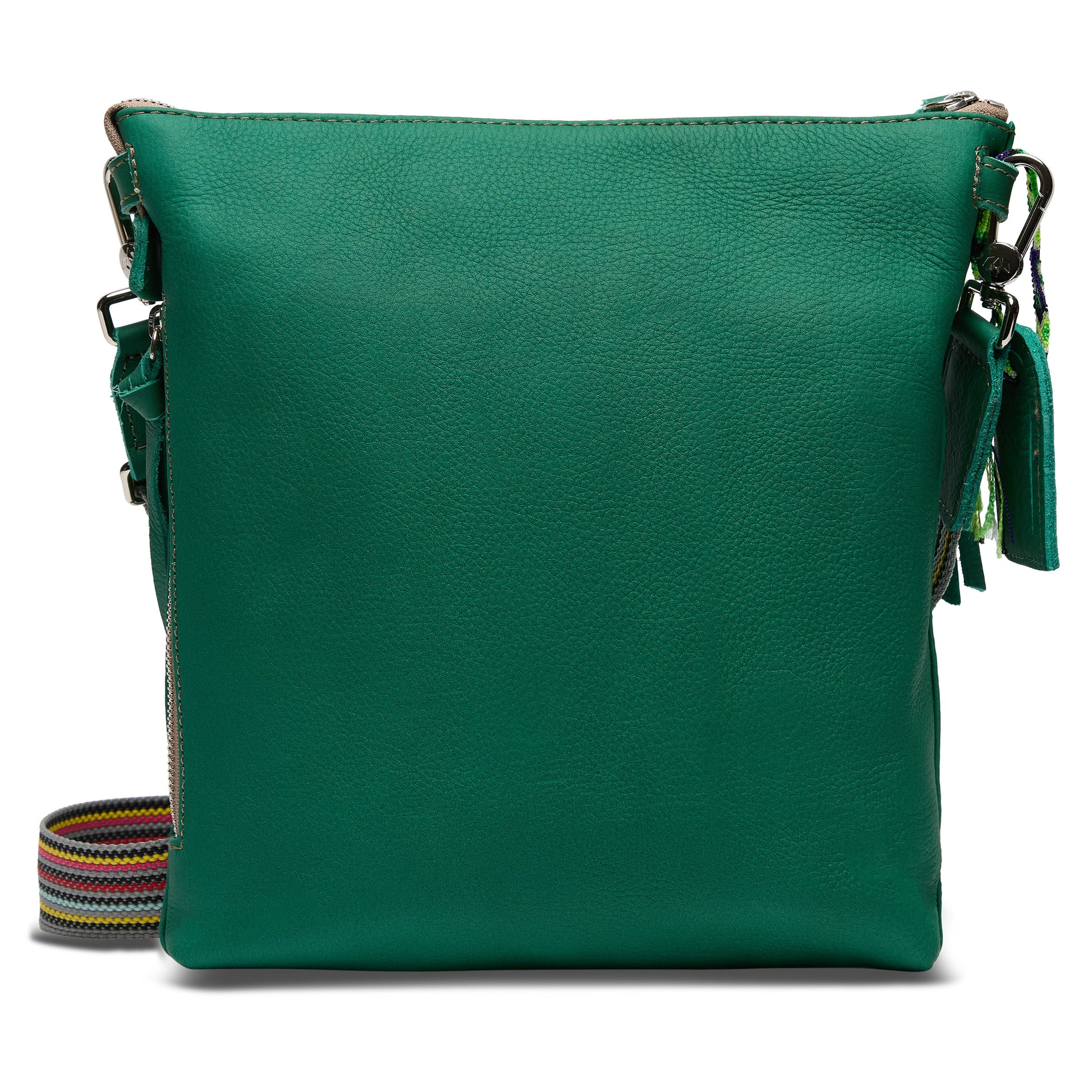 Teal Tour Crossbody with pebbled leather, multicolored striped strap, silver hardware. Sizes: small, medium, large.