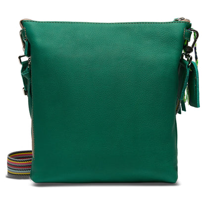 Teal Tour Crossbody with pebbled leather, multicolored striped strap, silver hardware. Sizes: small, medium, large.
