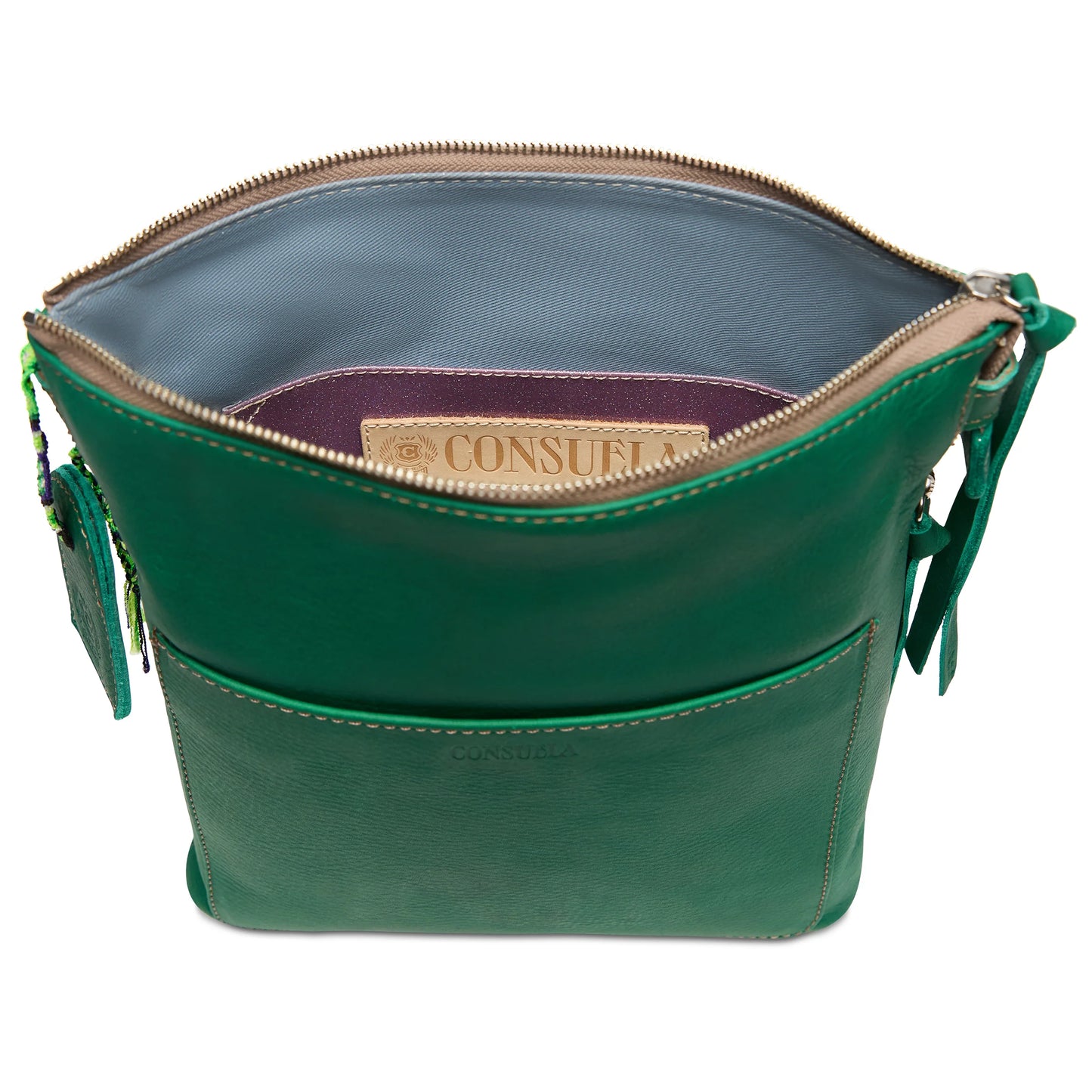 Teal leather crossbody bag with adjustable strap, light blue lining, tan and purple pockets, "Consuela" label. Sizes: S, M, L.