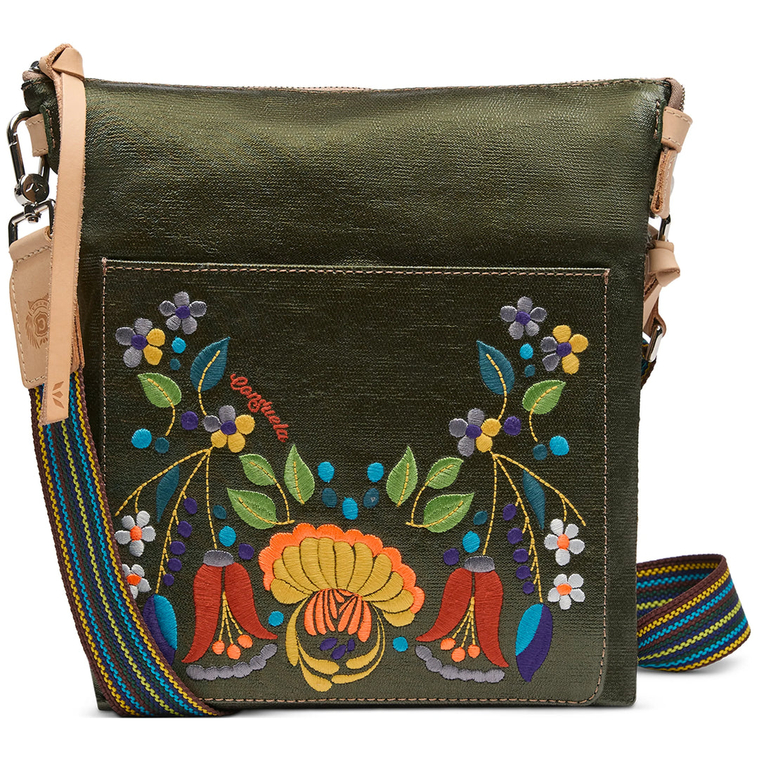 Dark green vertical bag with floral embroidery, tan leather accents, striped strap. Sizes: small, medium, large.