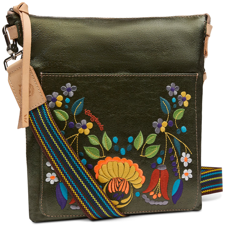 Green vertical crossbody bag with floral embroidery, rainbow strap, tan leather accents. Available in S, M, and L sizes.