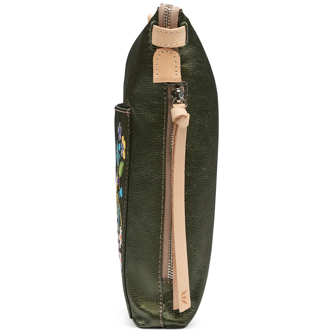 Green textured vertical Tour Crossbody bag with tan zipper, adjustable strap, floral embroidery, side stitching. Sizes: S/M/L.
