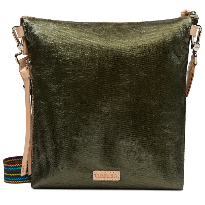 Square, metallic olive green crossbody with beige label, tan tassel, geometric strap. Sizes: small, medium, large.