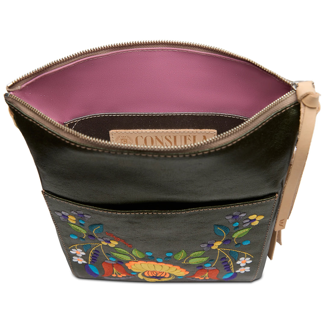 Leather vertical crossbody bag with floral embroidery, front pocket, tan zipper, adjustable strap, pink lining. Sizes: S/M/L.