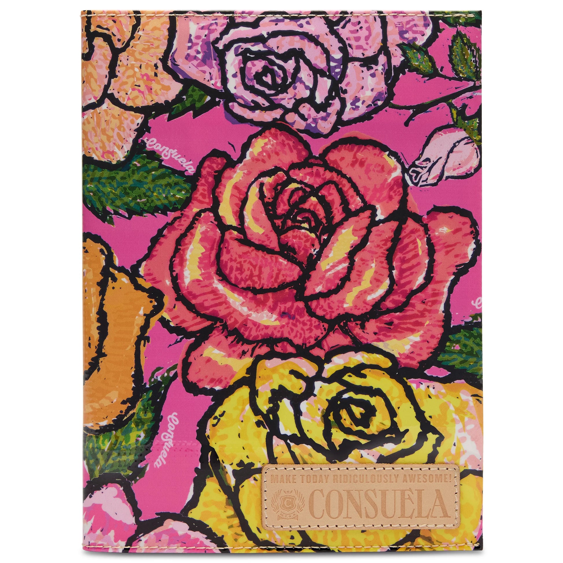 The Consuela Notebook - Lily has a vibrant ConsuelaCloth™ cover with large, colorful roses in pink, yellow, and orange on a bright pink background. It includes an embossed Consuela logo on a tan patch. Available sizes: [Specify sizes if available].