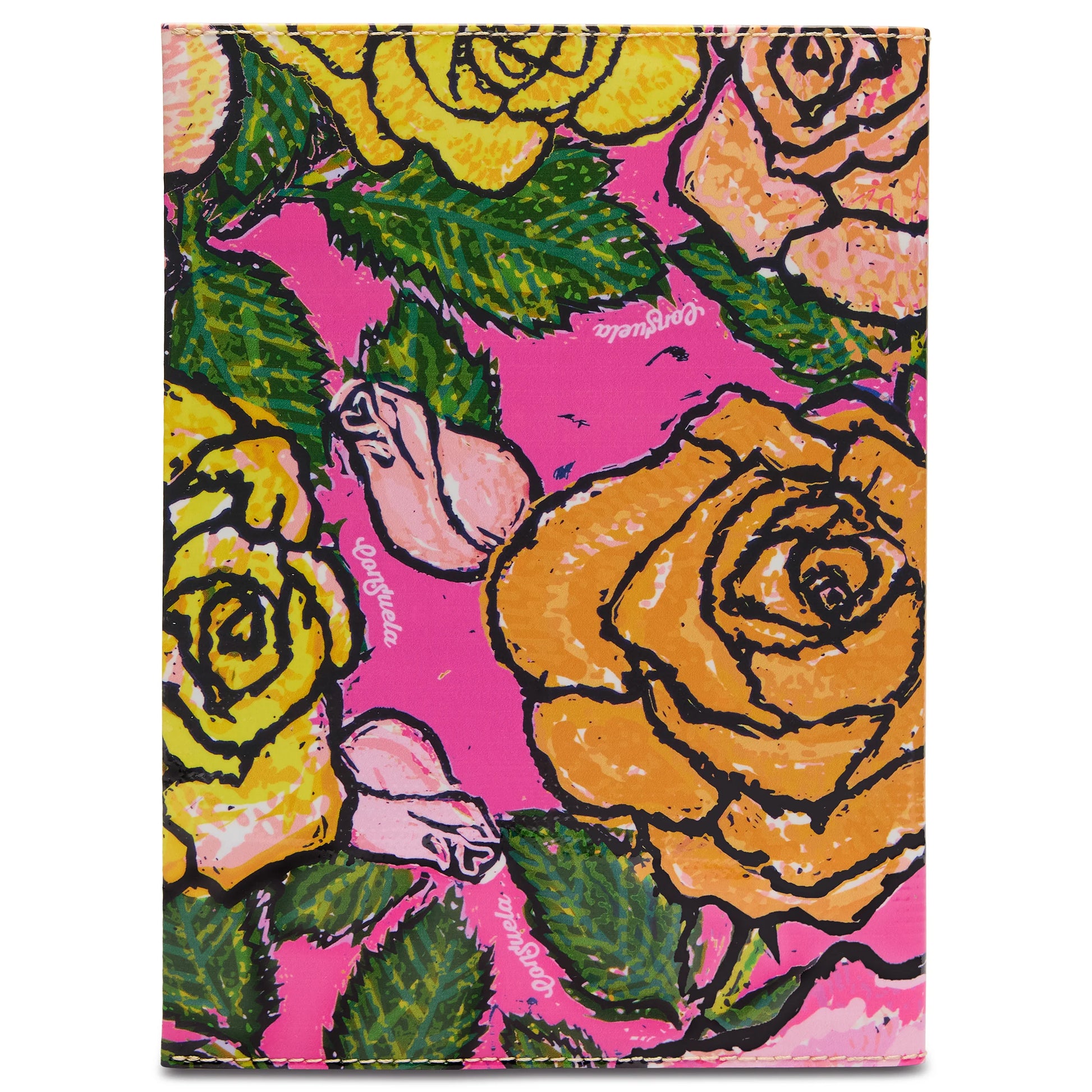 Consuela Notebook - Lily features large yellow and pink roses with green leaves on a bright pink background. Made from durable ConsuelaCloth™, it includes small white logos. Available in one size.