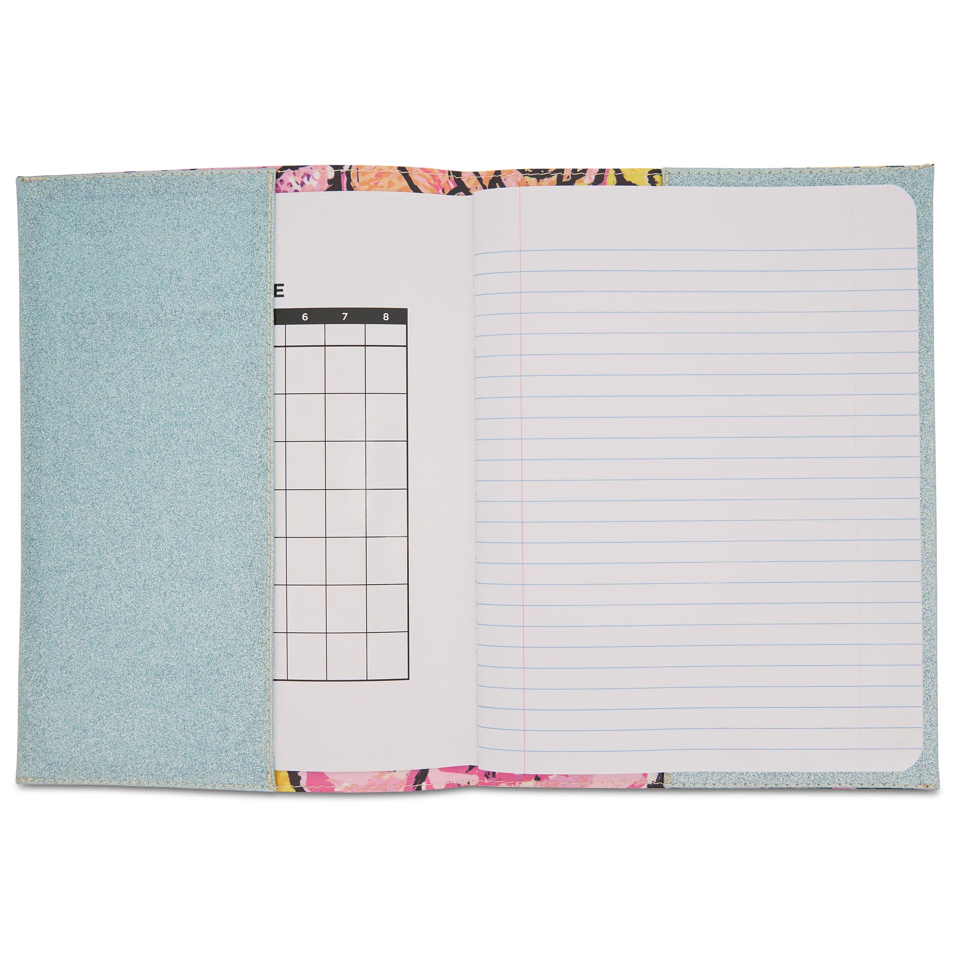 The Consuela Notebook - Lily features a ConsuelaCloth™ exterior, light blue glittery covers, a calendar grid on the left page, and lined paper on the right. Reusable covers with floral patterns. Available in standard notebook size.