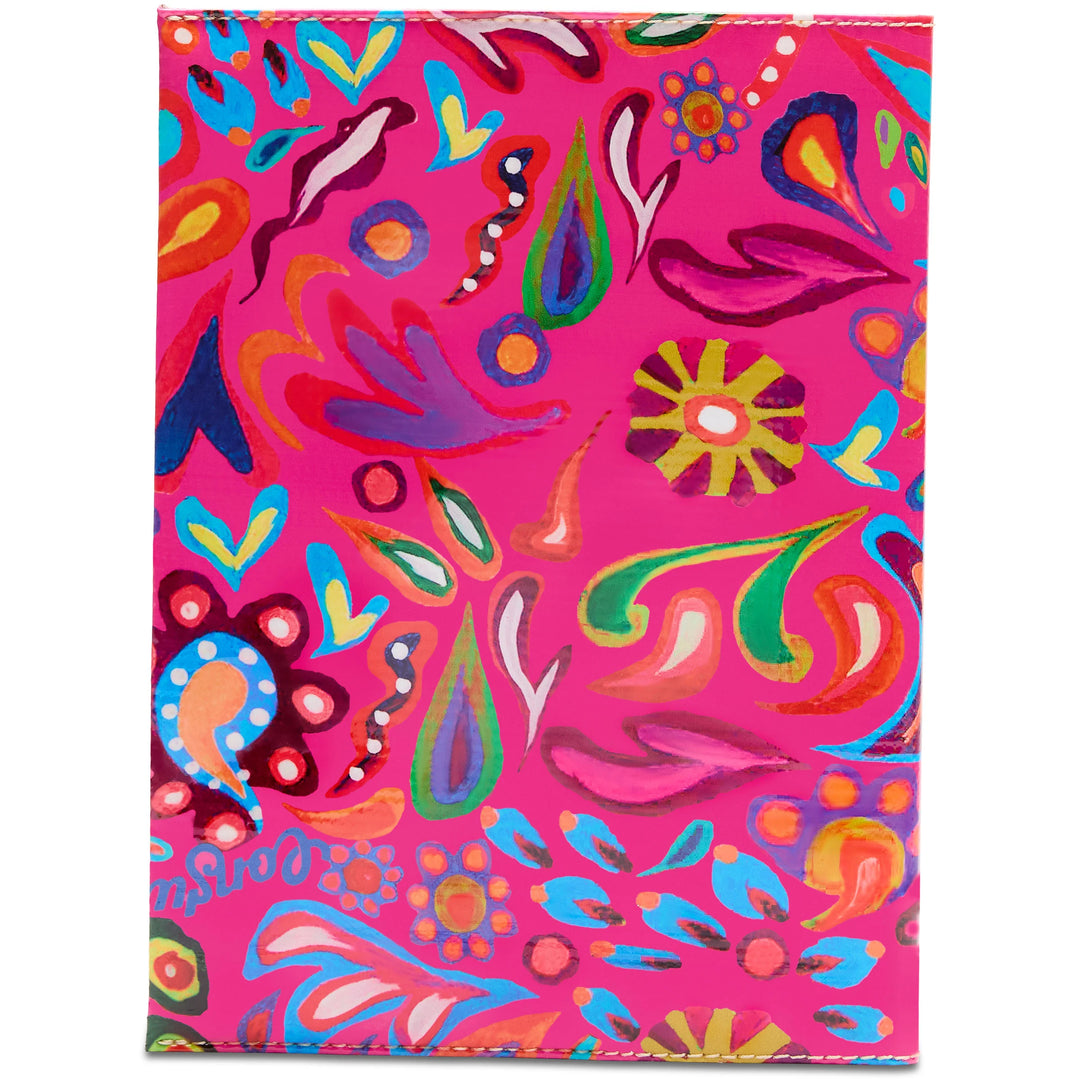 The Ceci Notebook by Consuela has a vibrant pink cover with colorful floral patterns. Sizes available: standard composition.