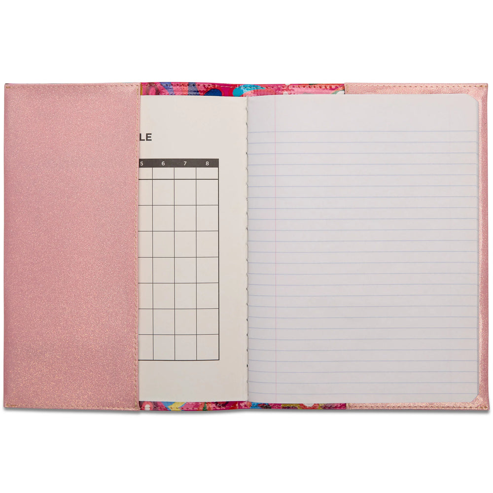 Ceci Notebook: glittery pink cover, "SCHEDULE" chart, lined page, floral edges. Sizes: A5, B5.
