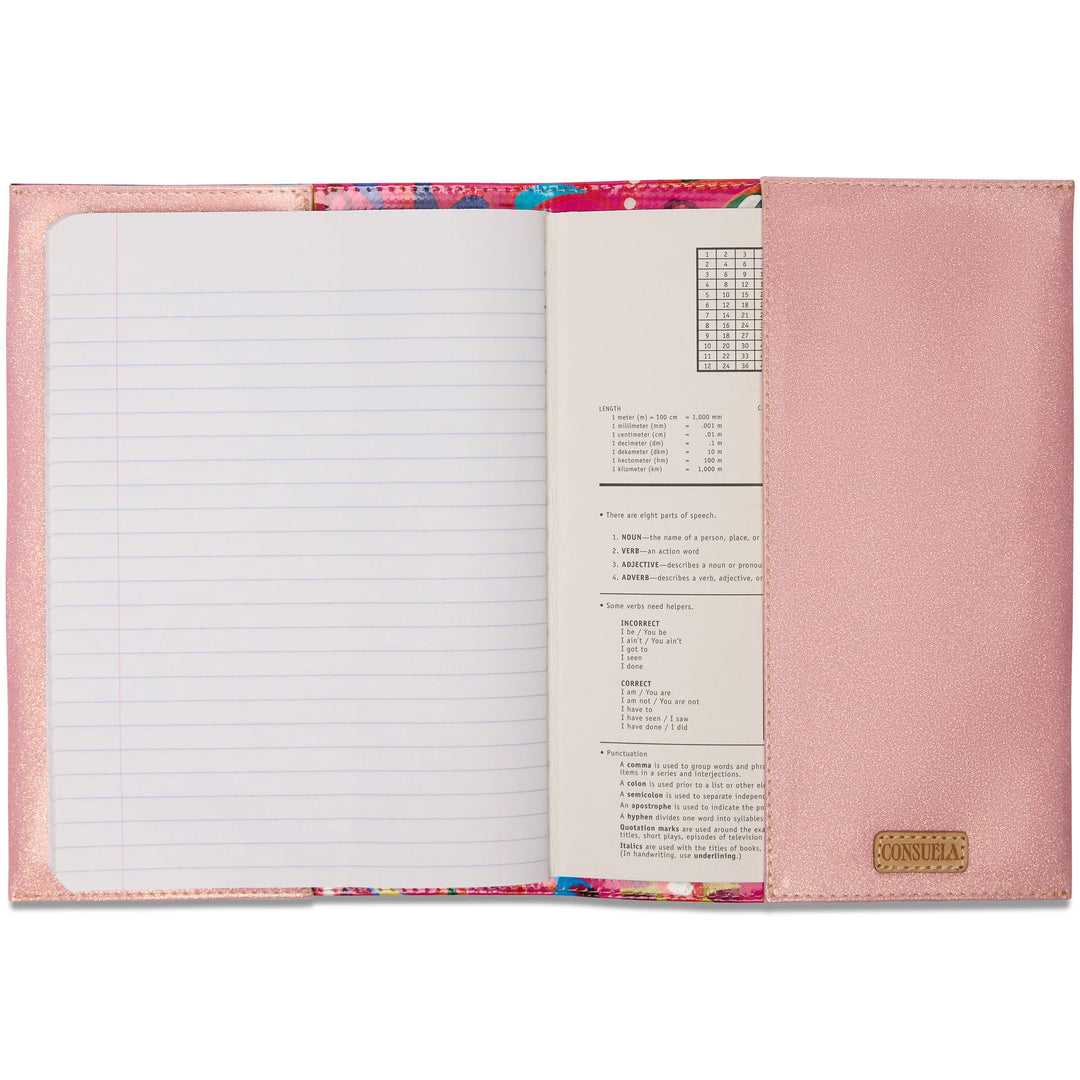 Pink Consuela notebook cover with gold label; fits standard-sized notebooks. Available in Small, Medium, and Large.