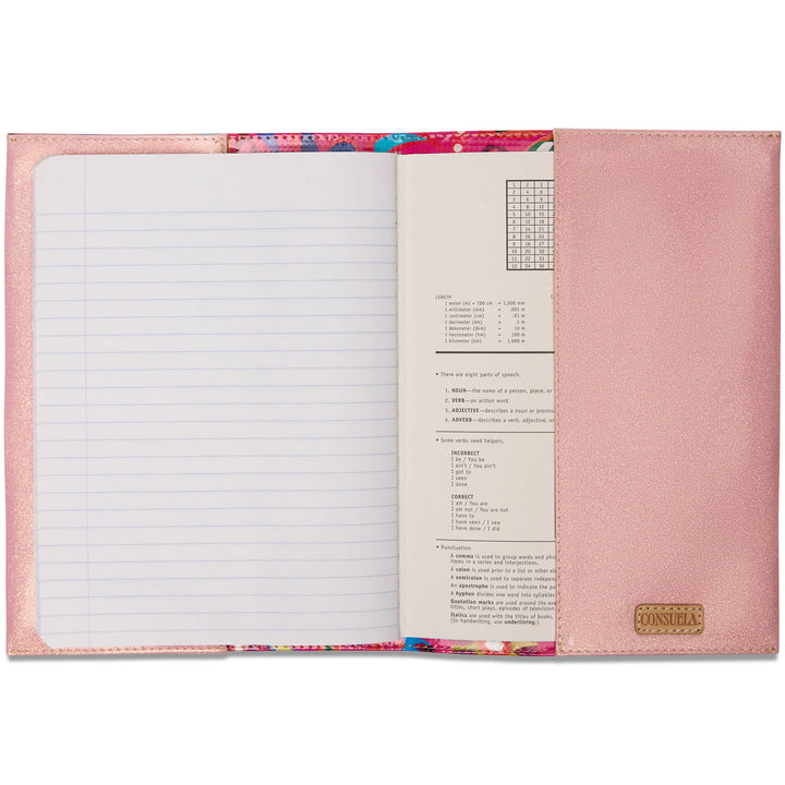 Pink Consuela notebook cover with gold label; fits standard-sized notebooks. Available in Small, Medium, and Large.