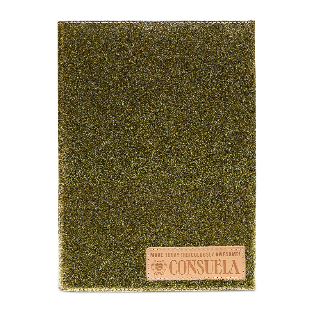 Glittery olive-green notebook with a textured, slightly reflective cover and a tan patch at the bottom right reading “MAKE TODAY RIDICULOUSLY AWESOME! CONSUELO.” Available in multiple sizes. Stylish and reusable.