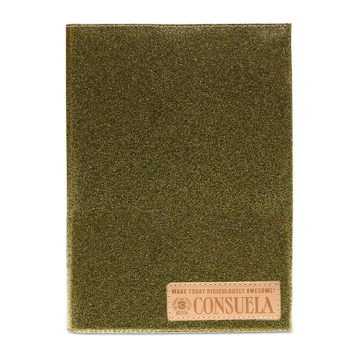 Glittery olive-green notebook with a textured, slightly reflective cover and a tan patch at the bottom right reading “MAKE TODAY RIDICULOUSLY AWESOME! CONSUELO.” Available in multiple sizes. Stylish and reusable.