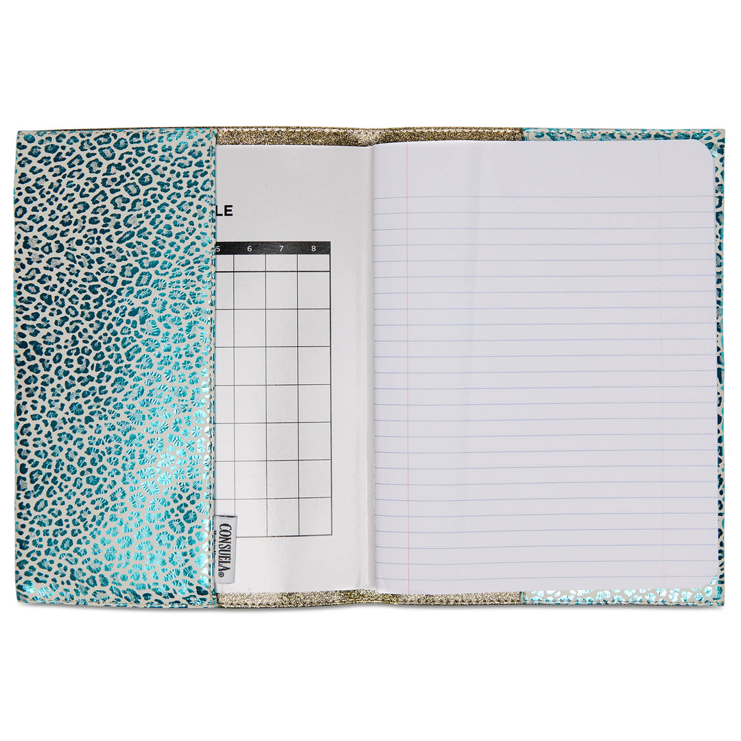 Open Oly Notebook with blue and silver leopard print cover, lined pages. Available sizes: standard, large.