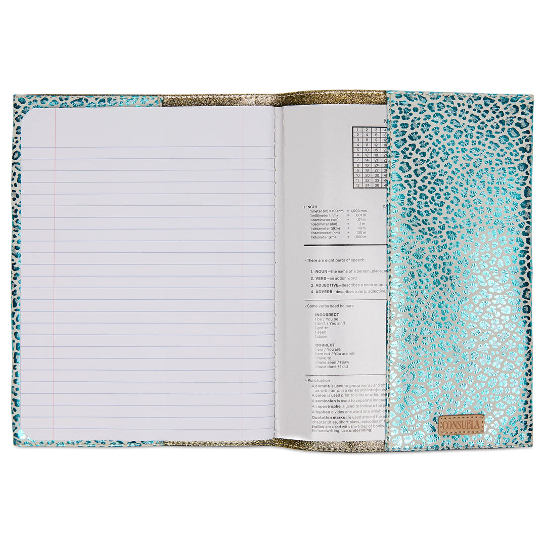 Open notebook with lined pages on the left, blue and gold leopard print cover, and printed reference sheets in a “CONSUELO” pocket. Available sizes: Medium (7″x9″) and Large (8.5″x11″).