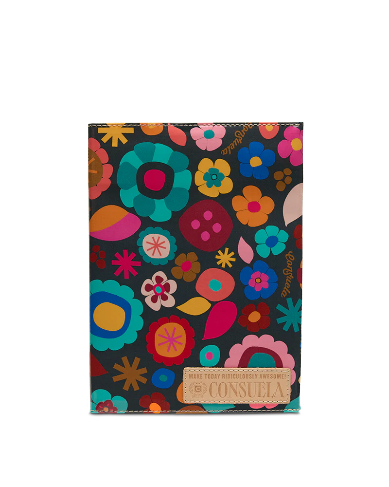 Consuela Notebook Amelie: blue, pink, orange, red floral on black, reusable cover, beige label. Available in multiple sizes.