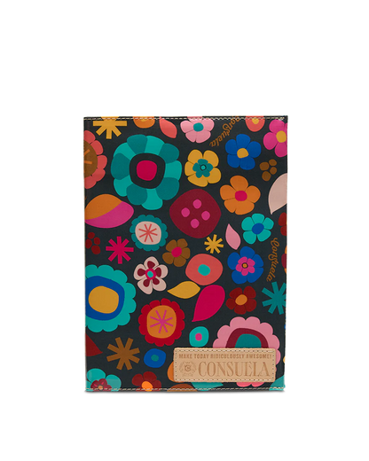 Consuela Notebook Amelie: blue, pink, orange, red floral on black, reusable cover, beige label. Available in multiple sizes.