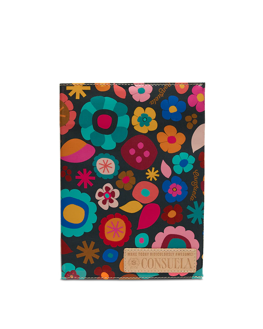Consuela Notebook Amelie: blue, pink, orange, red floral on black, reusable cover, beige label. Available in multiple sizes.
