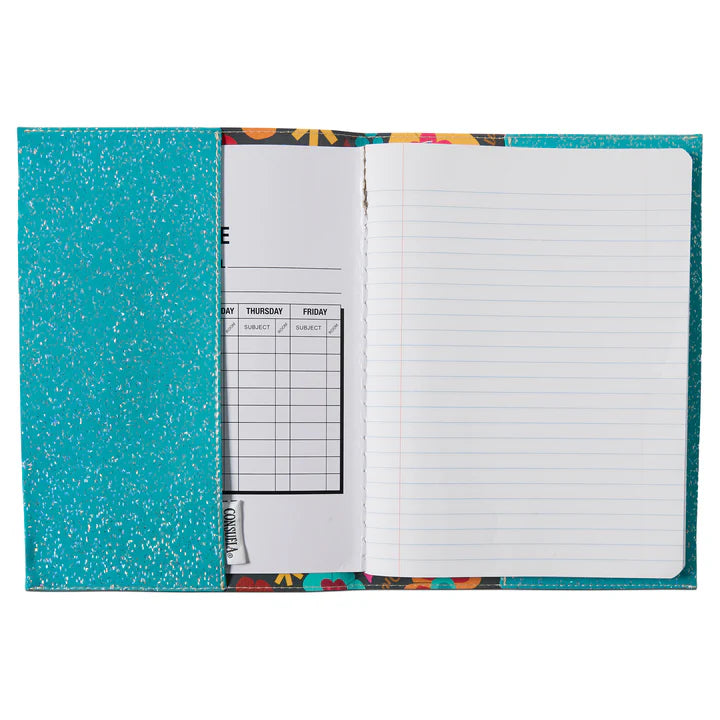 Consuela Notebook Amelie with open teal glittery reusable cover. Sizes available: standard composition notebook.