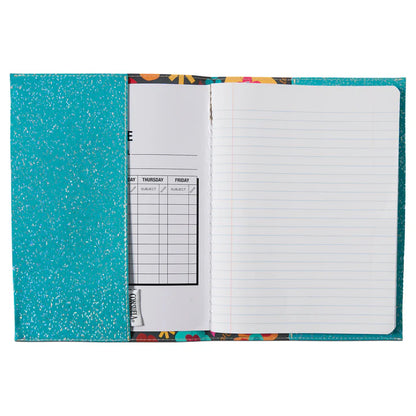 Consuela Notebook Amelie with open teal glittery reusable cover. Sizes available: standard composition notebook.