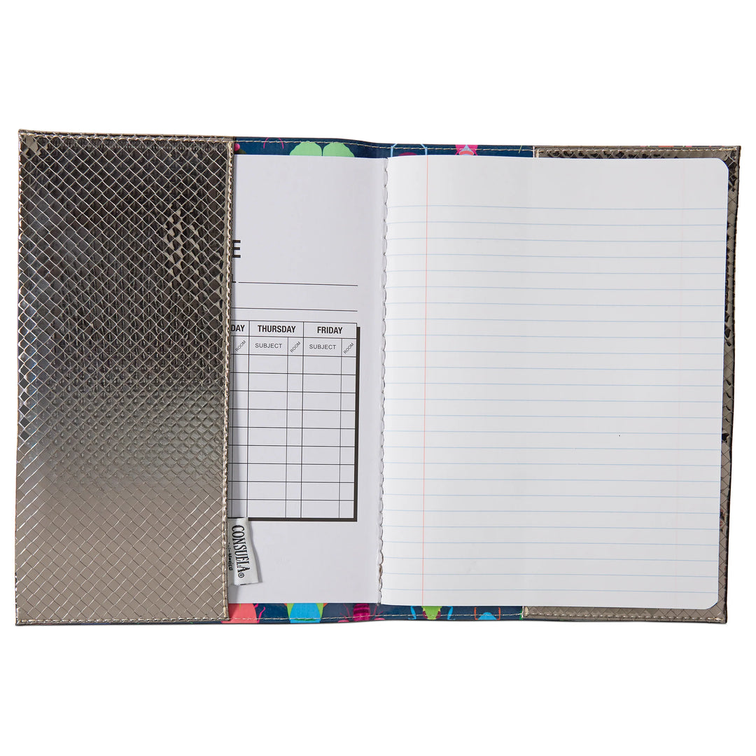 Consuela Notebook, Gemma: metallic textured reusable cover, lined right pages, left black-and-white schedule. Sizes: not specified.