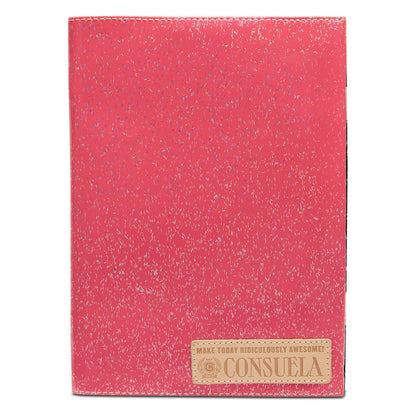 Pink glittery Consuela Notebook, Bae, with a beige label at the bottom reading “MAKE TODAY RIDICULOUSLY AWESOME! CONSUELA.” Available in standard composition notebook size.