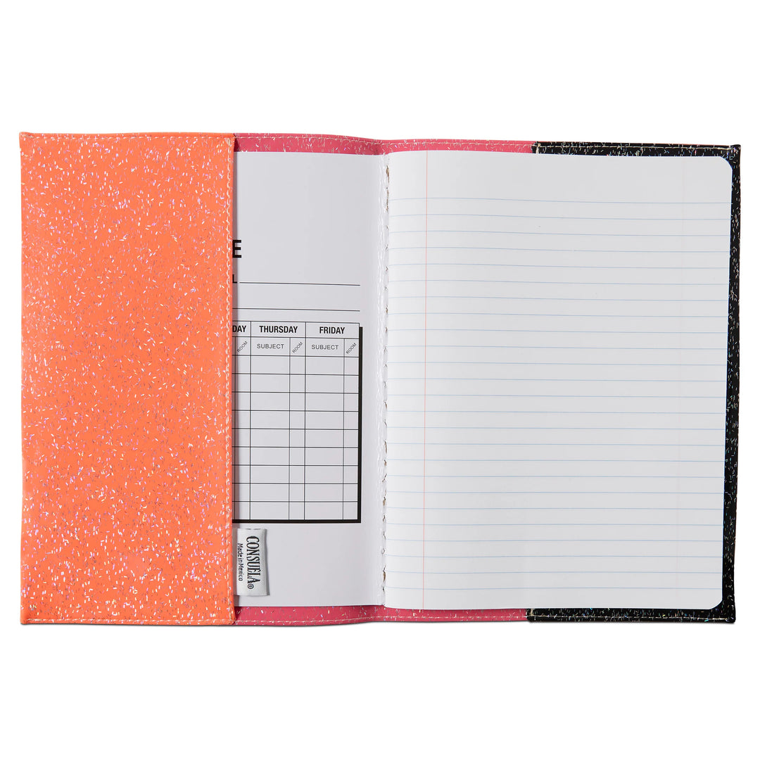 Consuela Notebook, Bae, with orange composition cover, open to lined page and partial weekly schedule sheet. Available in multiple sizes.