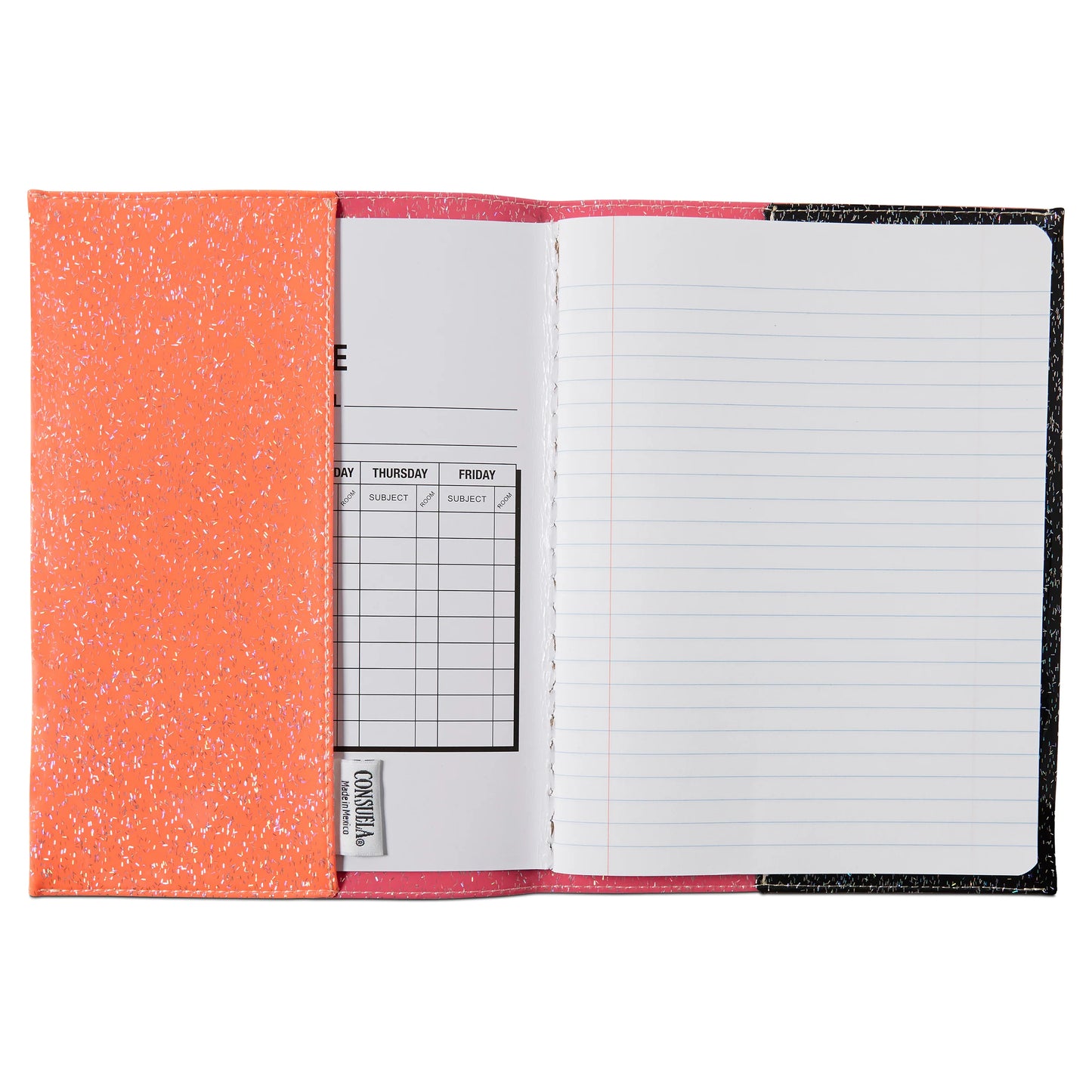 Consuela Notebook, Bae, with orange composition cover, open to lined page and partial weekly schedule sheet. Available in multiple sizes.