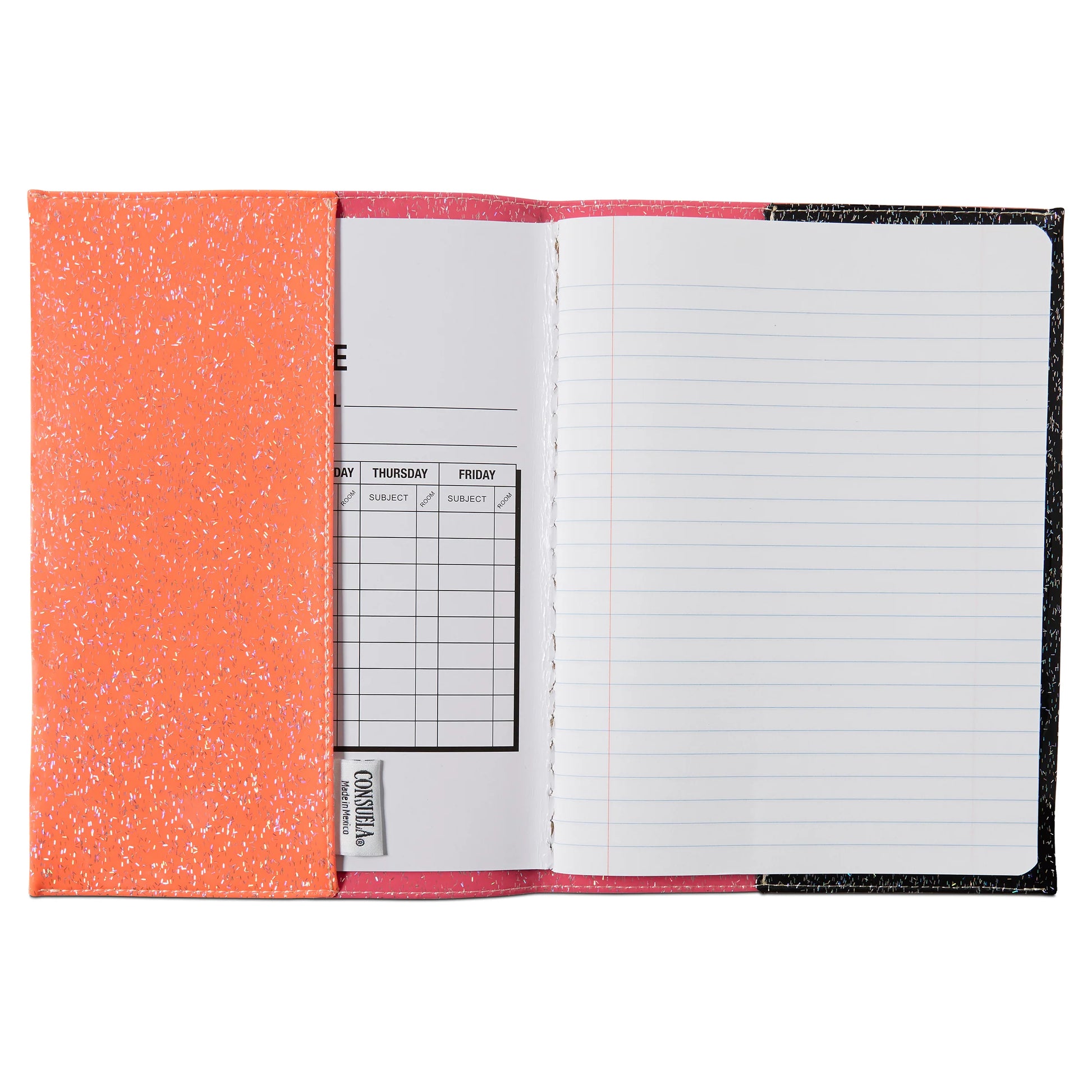 Consuela Notebook, Bae, with orange composition cover, open to lined page and partial weekly schedule sheet. Available in multiple sizes.