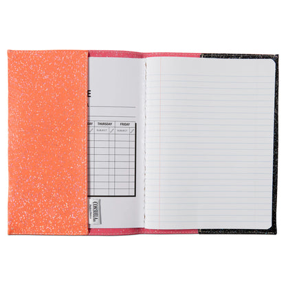 Consuela Notebook, Bae, with orange composition cover, open to lined page and partial weekly schedule sheet. Available in multiple sizes.