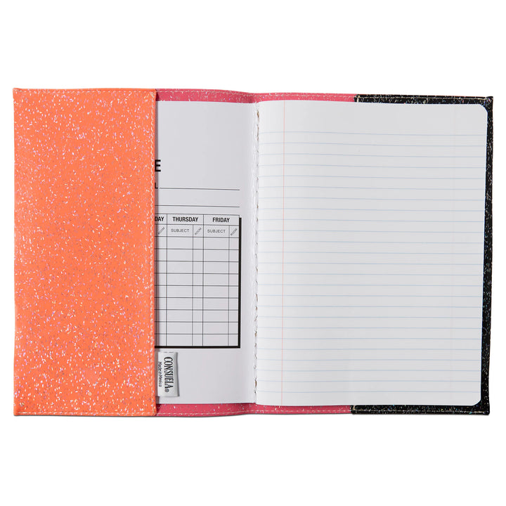 Consuela Notebook, Bae, with orange composition cover, open to lined page and partial weekly schedule sheet. Available in multiple sizes.