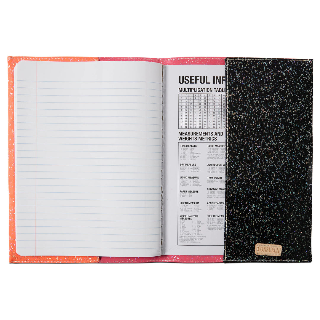 Open Consuela Notebook with lined pages on the left, a reference sheet on the right, and a black speckled cover with gold label. Sizes available: 8″x10″, 5″x7″.