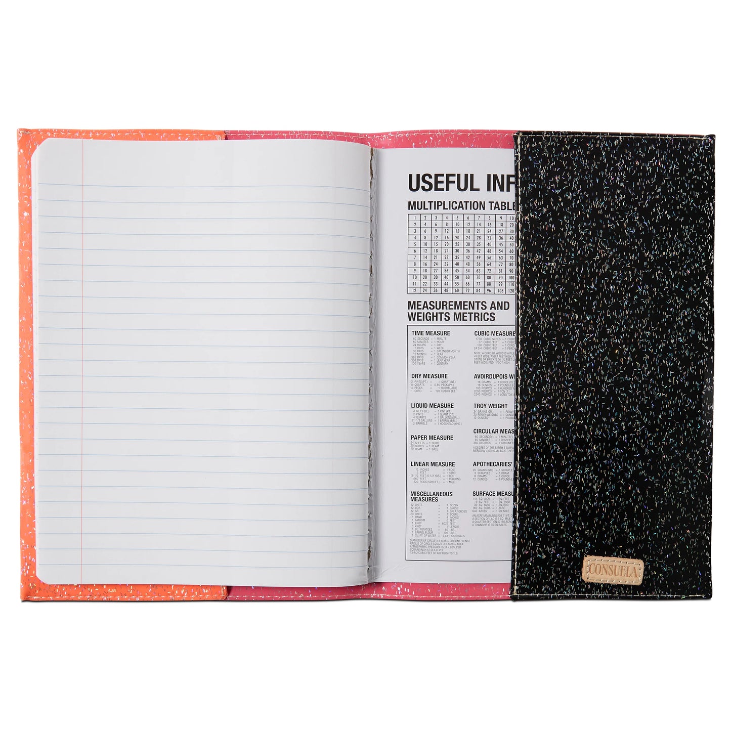 Open Consuela Notebook with lined pages on the left, a reference sheet on the right, and a black speckled cover with gold label. Sizes available: 8″x10″, 5″x7″.