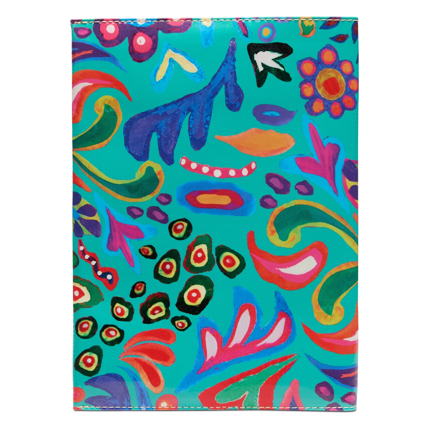 Consuela Notebook, Tasha: reusable cover with abstract, hand-painted shapes and patterns in blue, green, red, orange, and pink on a teal background; features swirls, dots, leaves, and floral accents. Sizes available for composition notebooks.