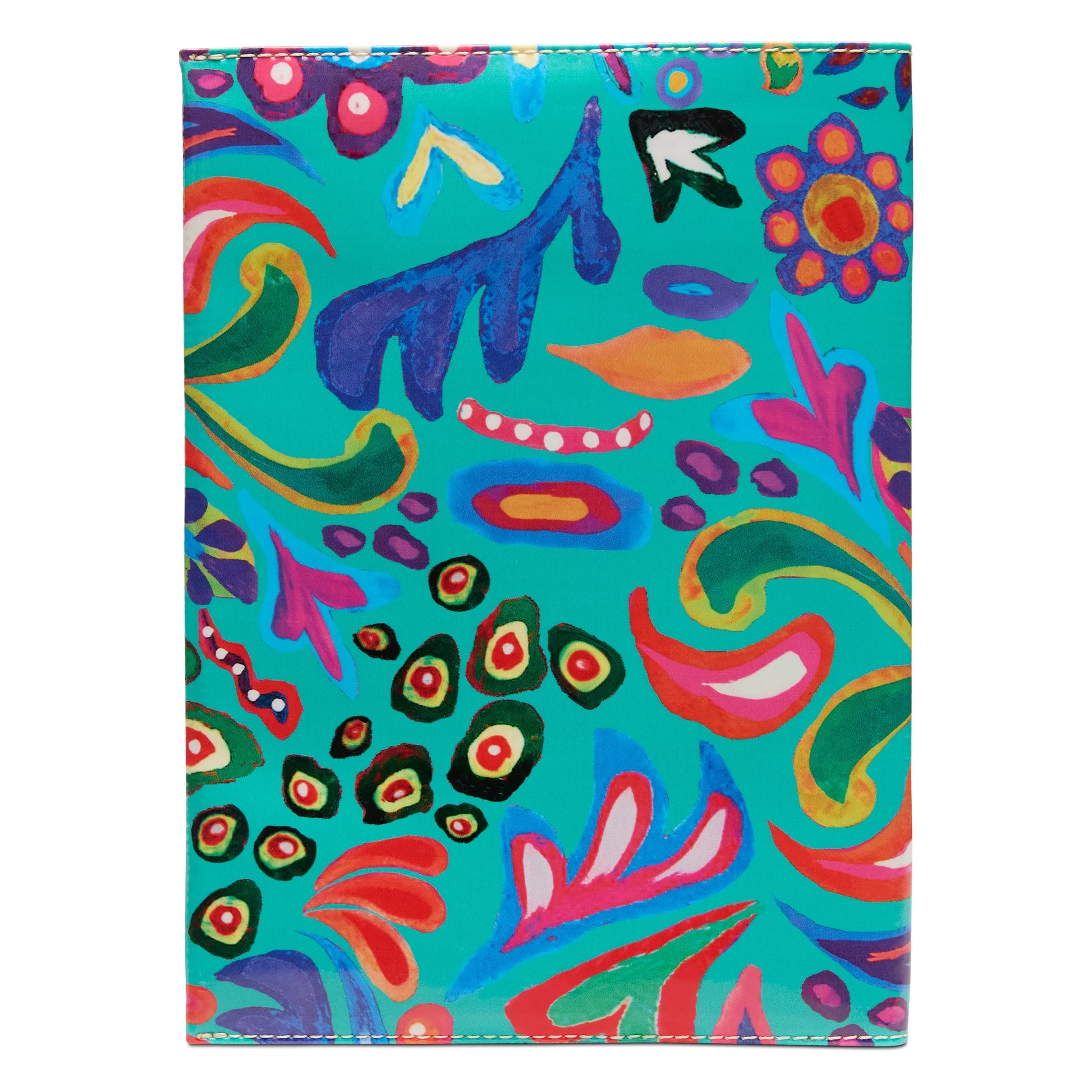 Consuela Notebook, Tasha: reusable cover with abstract, hand-painted shapes and patterns in blue, green, red, orange, and pink on a teal background; features swirls, dots, leaves, and floral accents. Sizes available for composition notebooks.