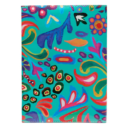 Consuela Notebook, Tasha: reusable cover with abstract, hand-painted shapes and patterns in blue, green, red, orange, and pink on a teal background; features swirls, dots, leaves, and floral accents. Sizes available for composition notebooks.