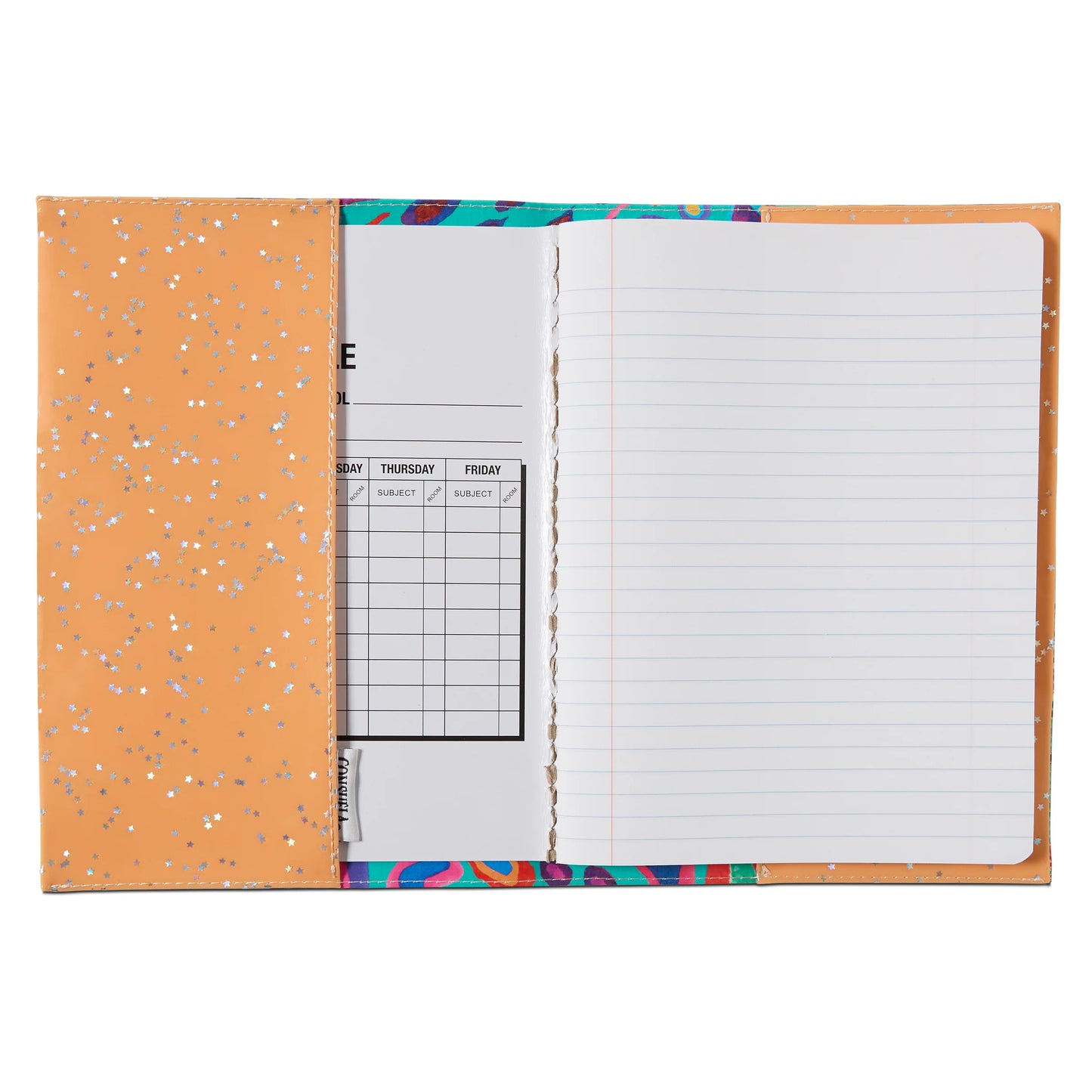 Open orange folder with silver speckles containing a lined Consuela Notebook, Tasha; available in multiple sizes.