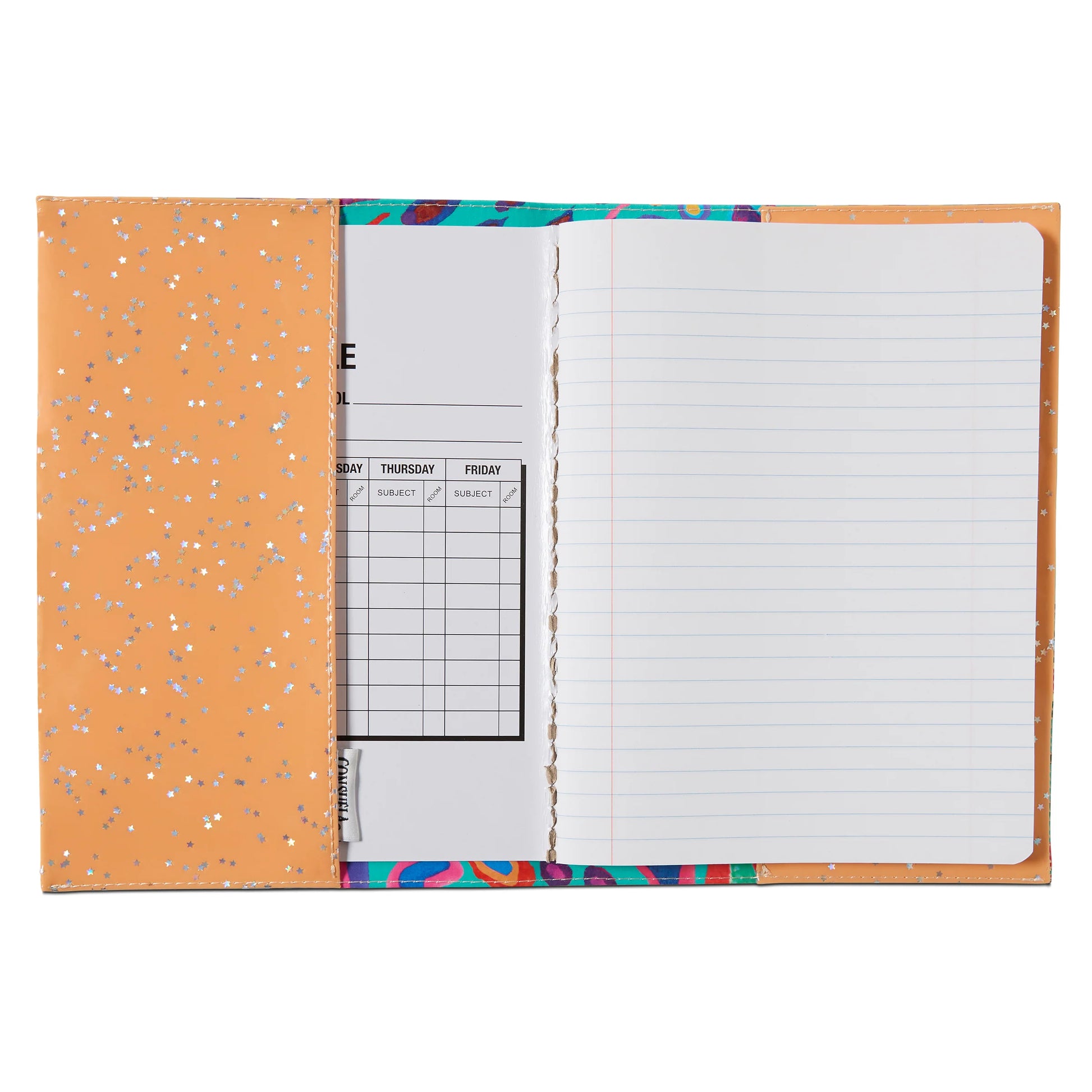 Open orange folder with silver speckles containing a lined Consuela Notebook, Tasha; available in multiple sizes.