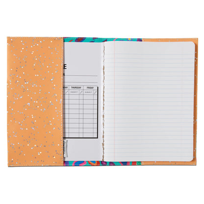 Open orange folder with silver speckles containing a lined Consuela Notebook, Tasha; available in multiple sizes.