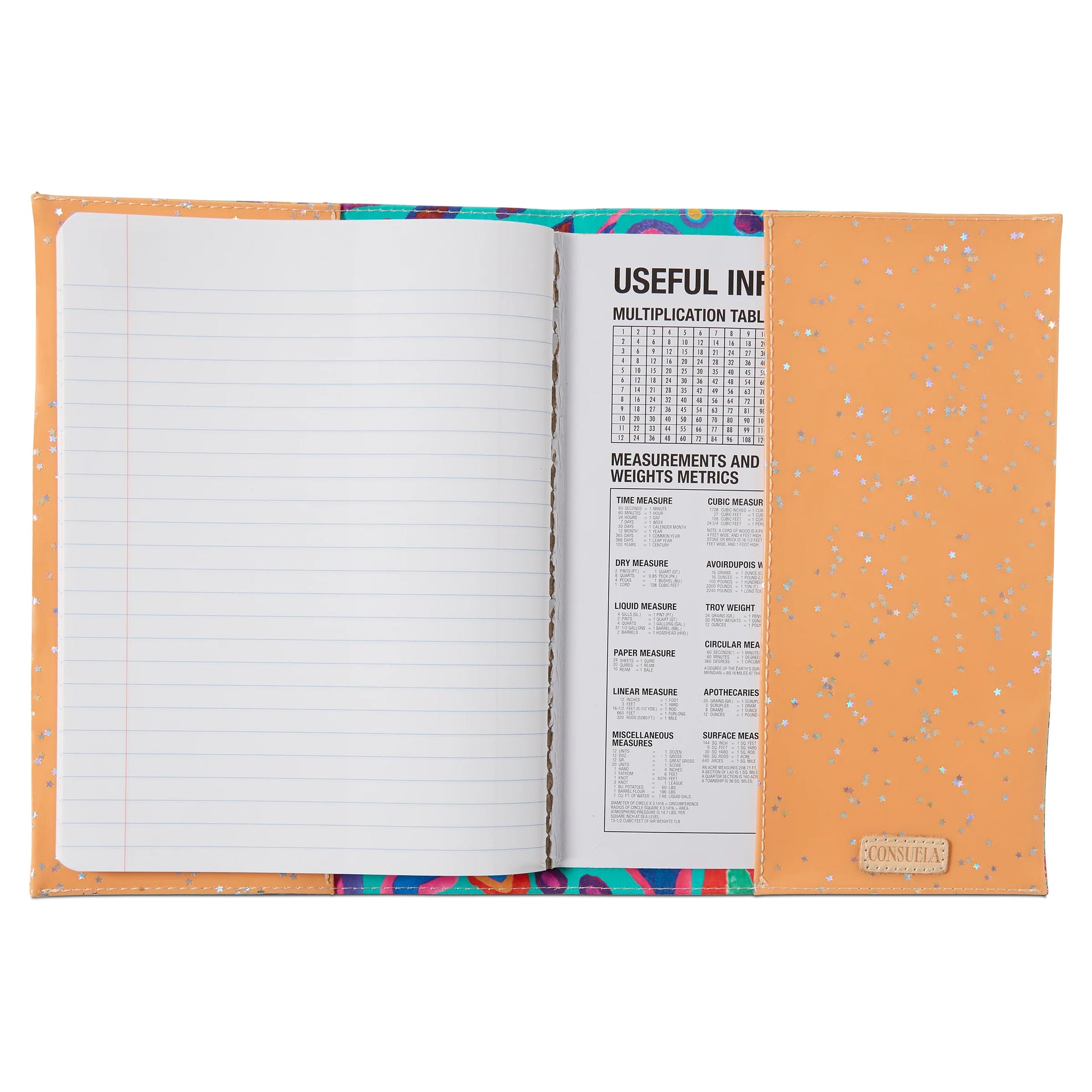 Open orange Consuela Notebook with patterned inner cover, lined pages on the left, and a reference sheet on the right. Available sizes: not specified.