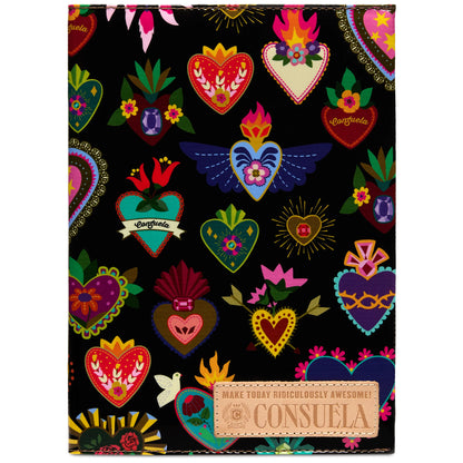 Black Consuela Notebook, Vida, with vibrant heart and flower designs—some with wings or flames—and a tan patch at the bottom reading “Make Today Ridiculously Awesome! Consuela.” Available in multiple sizes.