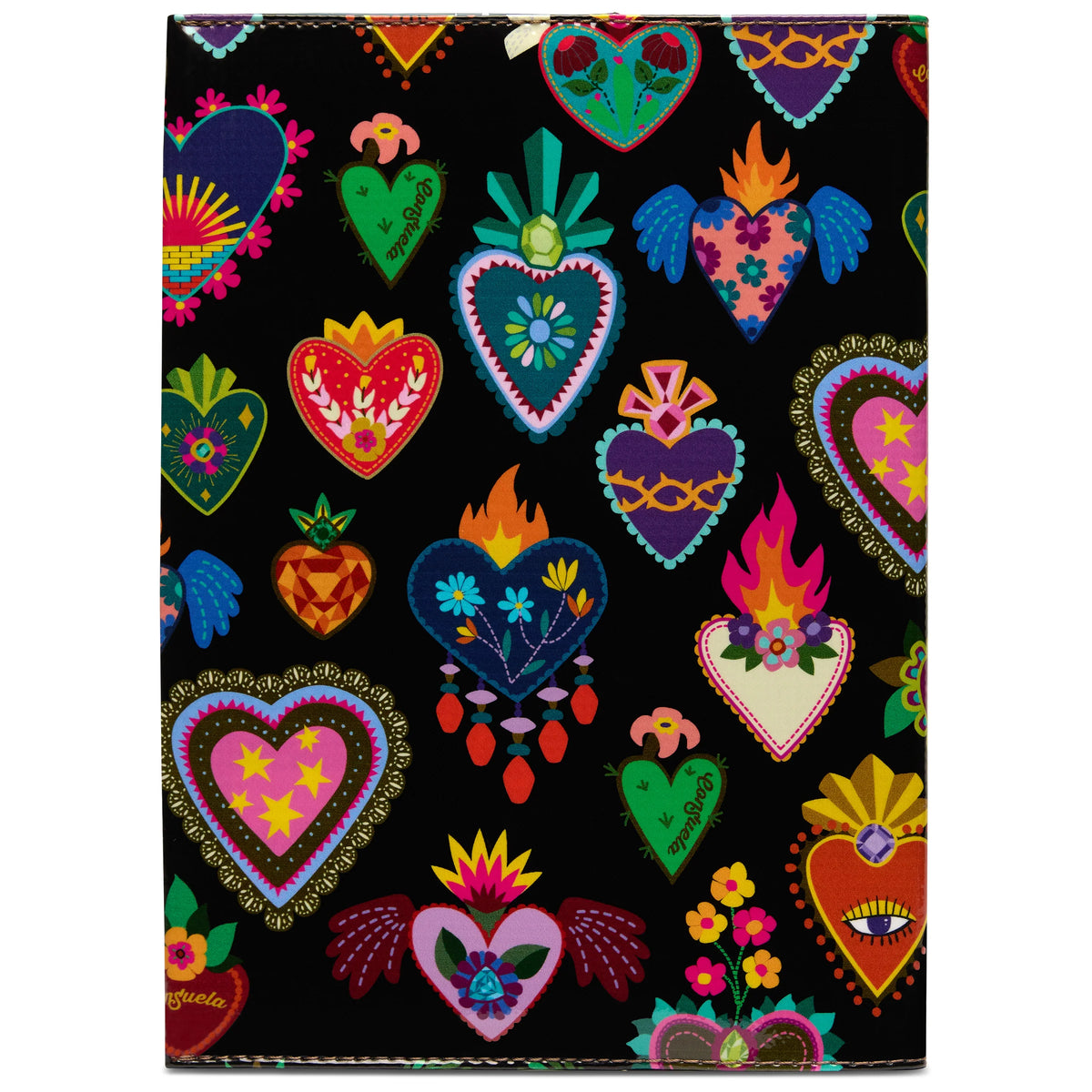Consuela Notebook, Vida: embroidered hearts with flowers, flames, and wings in various sizes and vibrant colors on the cover. Available in multiple sizes.